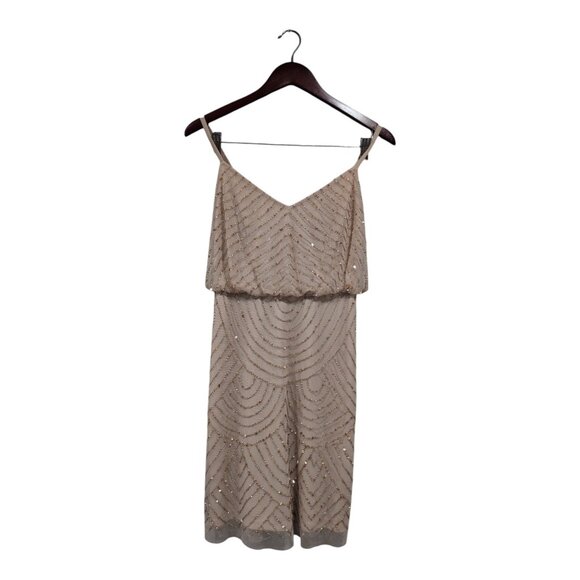 Adrianna Papell Women's Sequined Beaded Blouson Dress Taupe/Pink Strappy Sz 2 - Picture 1 of 16